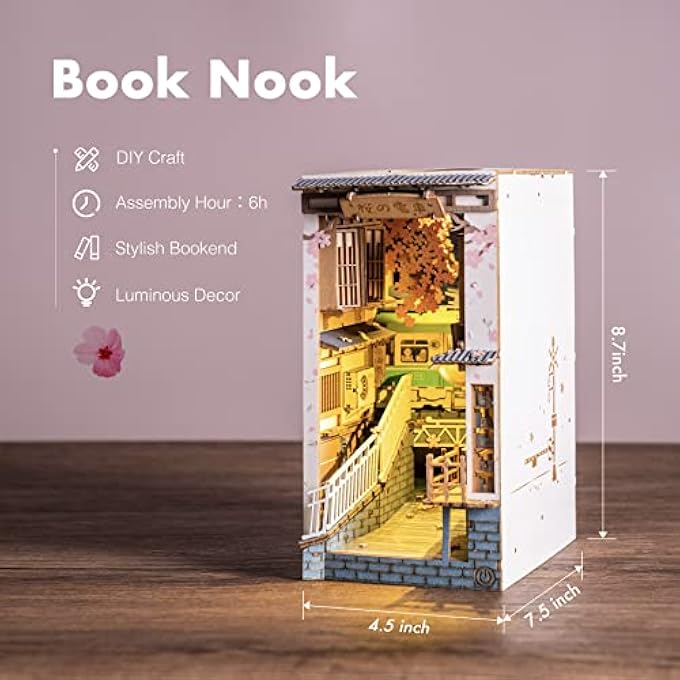 DIY BOOK NOOK KIT 3D WOODEN PUZZLE FOR ADULTS 8.7" BOOKSHELF INDERT DECOR WITH LED MINIATURE DOLLHOUSE KIT BOOKEND CRAFTS DIORAMA HOBBIES GIFTS FOR BOYS GIRLS (SAKURA DENSYA) - Image 4
